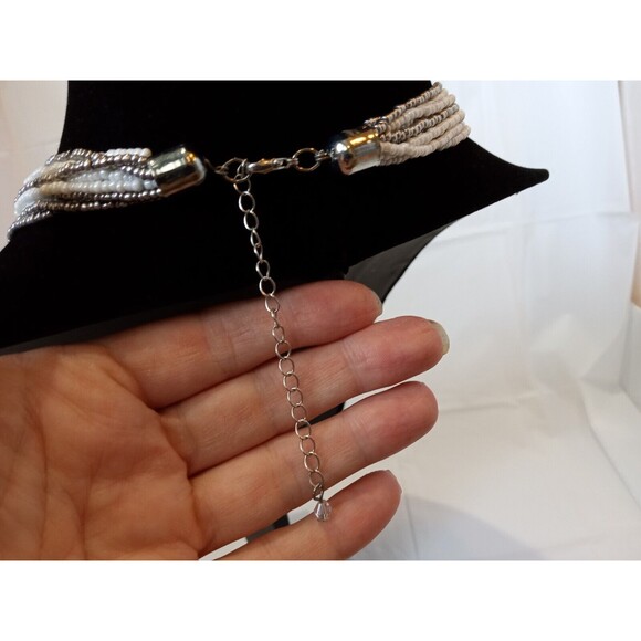 Metallic Multistrand Silver & White Seed Beaded & Knotted Necklace 30"-33" - Picture 7 of 7